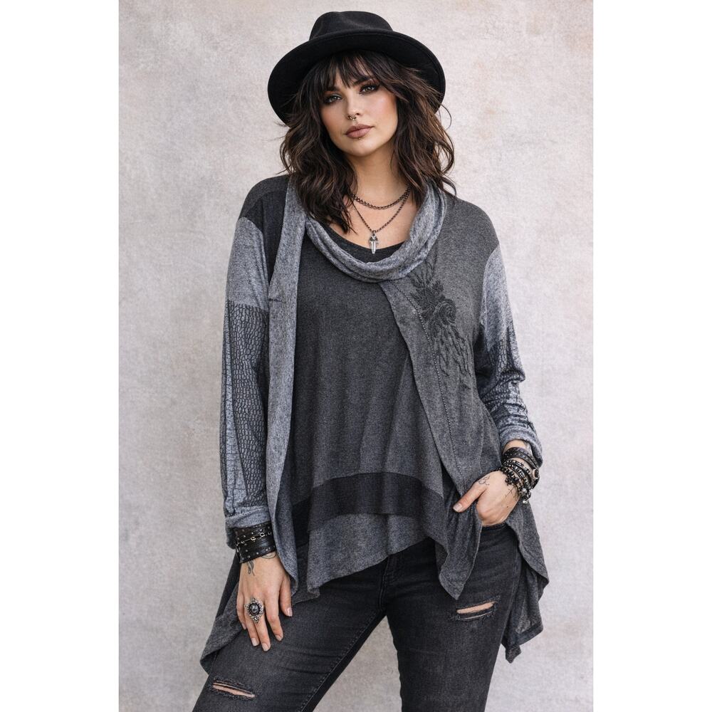 Angels Never Die Tunic Top Womens XXL Gray Asymmetrical Cowl Neck Boho Artsy